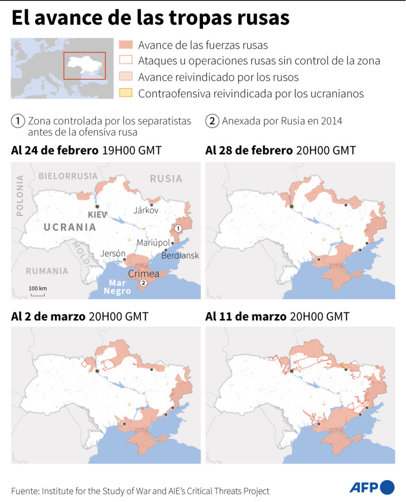 Mapas de Ucrania que comparan las posiciones de las fuerzas militares del 24 de febrero al 11 de marzo