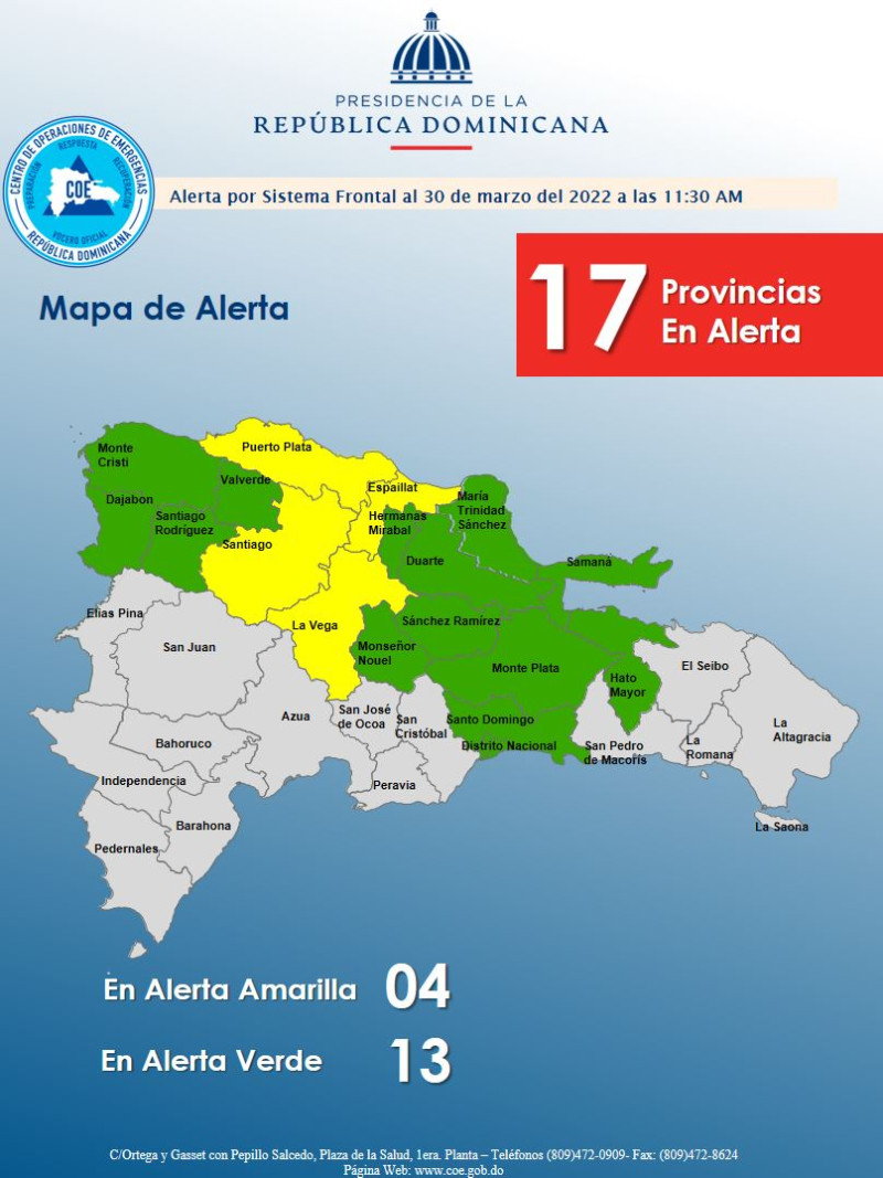 Provincias en alerta por lluvias en República Dominicana. Mapa difundido por el COE.
