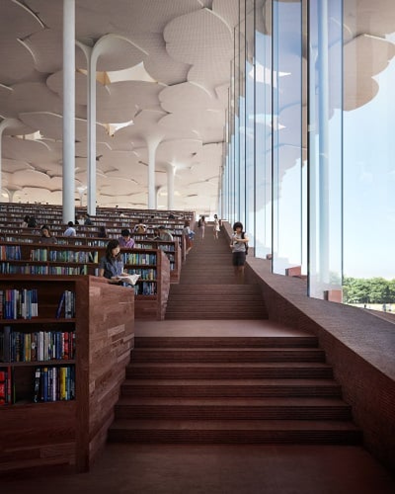 Nueva biblioteca del subcentro de Pekín (China), escaleras laterales

Foto:Snhetta-Plomp