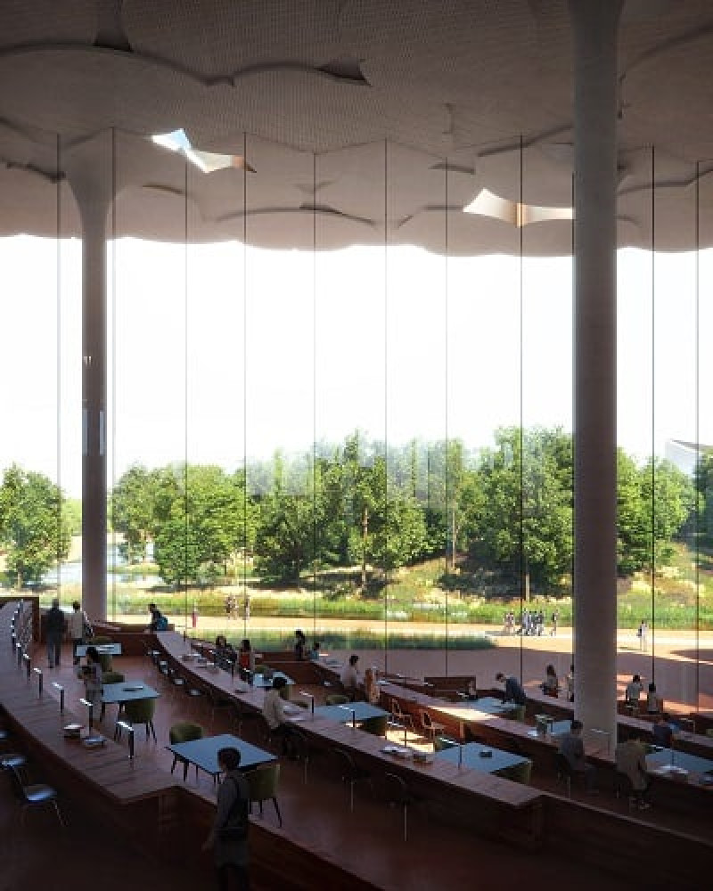 Nueva biblioteca del subcentro de Pekín (China), mesas de lectura.

Foto: Snhetta Plomp
