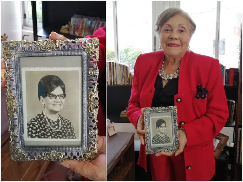 Figueroa muestra el retrato de Elvira Gil Cáceres, quien organizó, en la década de 1960, las primeras reuniones de Unity en el país.