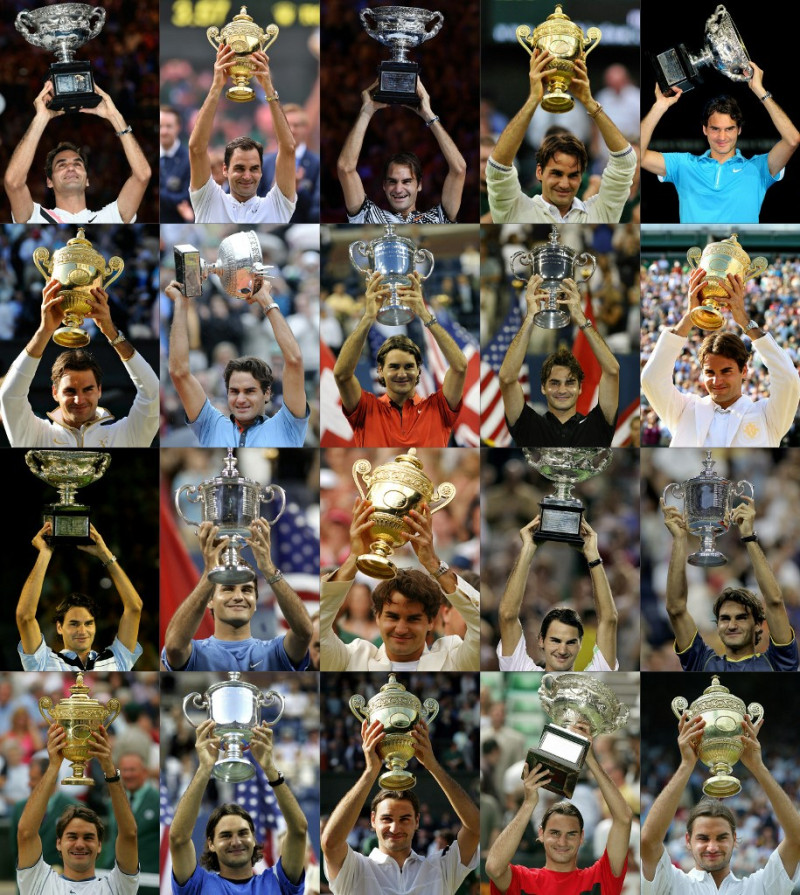 Esta combinación de archivos de imágenes creada el 28 de enero de 2018 muestra al suizo Roger Federer sosteniendo su récord de 20 trofeos de ganador de torneos Grand Slam de tenis de abajo a la derecha a arriba a la izquierda: Wimbledon 2003, Abierto de Australia 2004, Wimbledon 2004, US Open 2004, Wimbledon 2005, EE. UU. Abierto de 2005, Abierto de Australia 2006, Wimbledon 2006, Abierto de EE. UU. 2006, Abierto de Australia 2007, Wimbledon 2007, Abierto de EE. UU. 2007, Abierto de EE. y Abierto de Australia 2018.

Foto: Saeed Kahan, Timothy A. Clary, Bertrand Guay, Thomas Coex, Joe Klamar, Adrian Dennis, William West, Odd Andersen, Glyn Kirk, Clive Brunskill, Greg Wood|  AFP|  GETTY IMAGES NORTEAMÉRICA