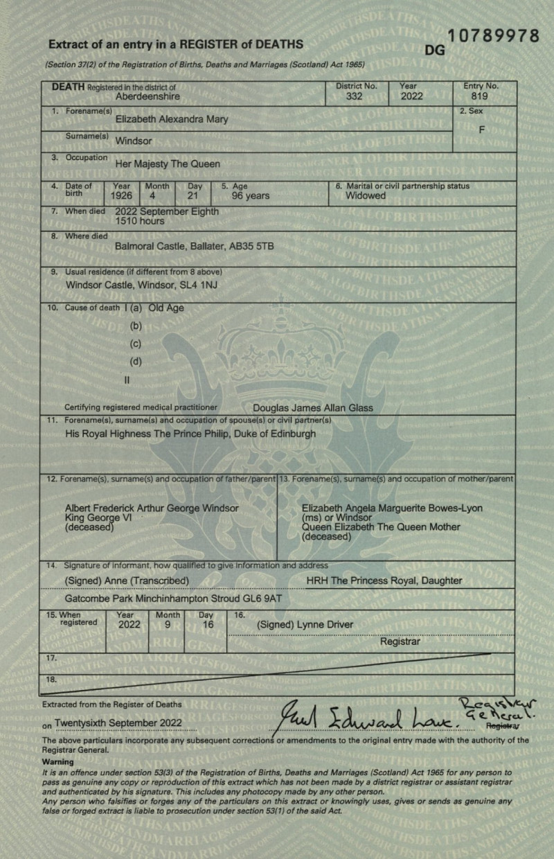 Certificado de Defunción de la reina Isabel II