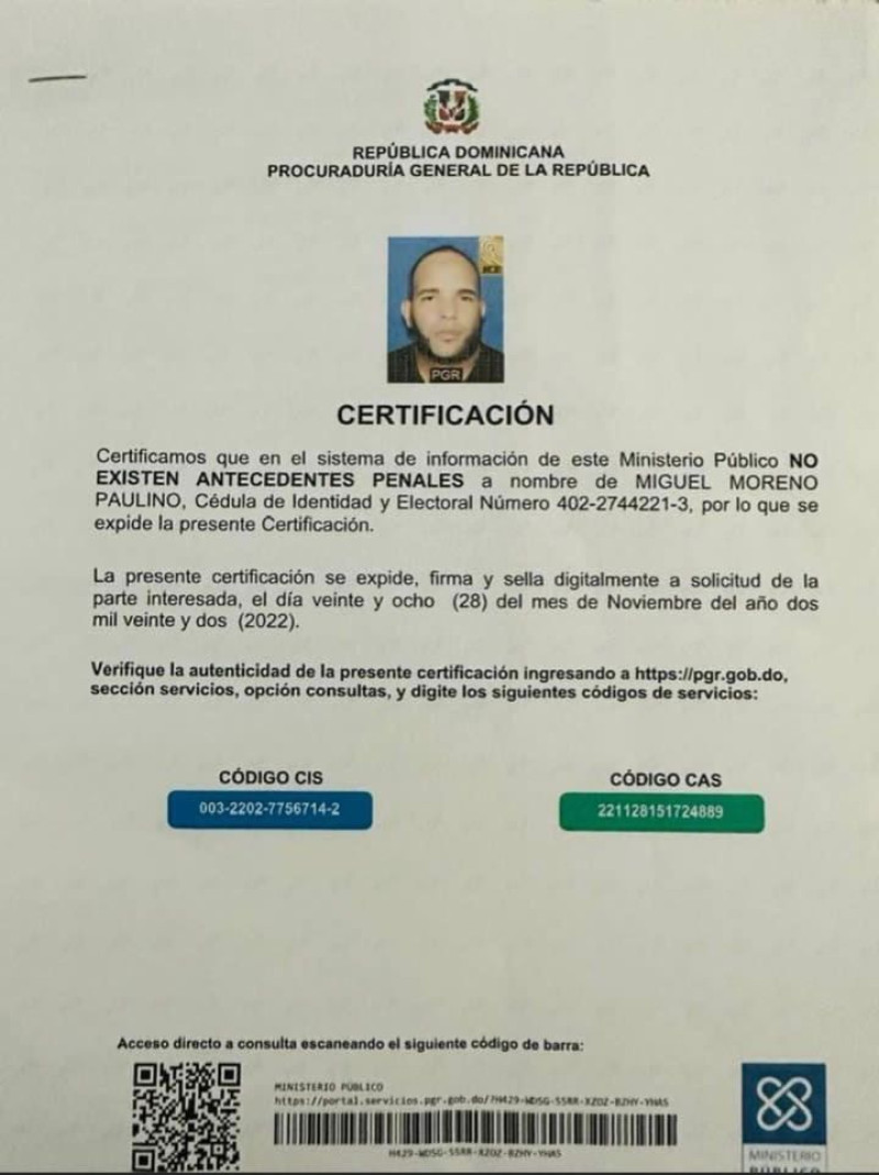 Certificado prueba que Miguel Moreno Paulino no tenía antecedentes penales.