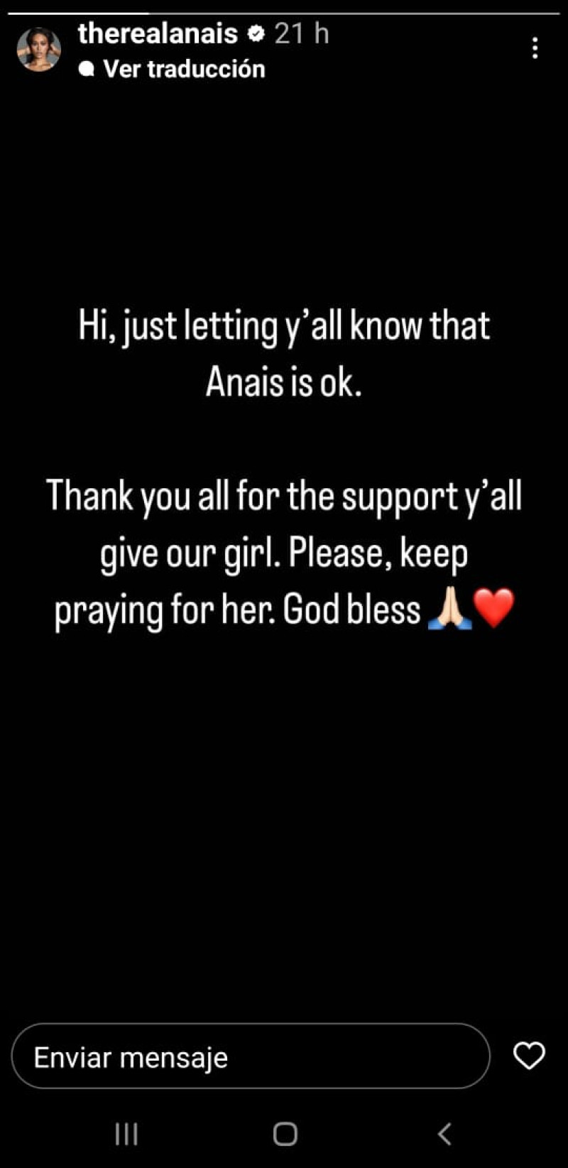 Anuncian vía Instagram oficial de Anaís que se encuentra bien. Foto: Instagram