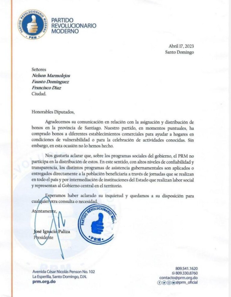 Comunicado del Partido Revolucionario Dominicano. Fuente externa