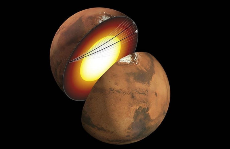 El concepto artístico muestra un corte de Marte, junto con las trayectorias de las ondas sísmicas de dos terremotos separados en 2021.
