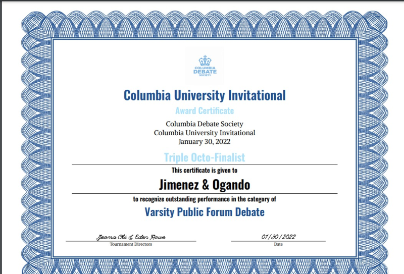 Premio de debate, Torneo de la Universidad de Columbia