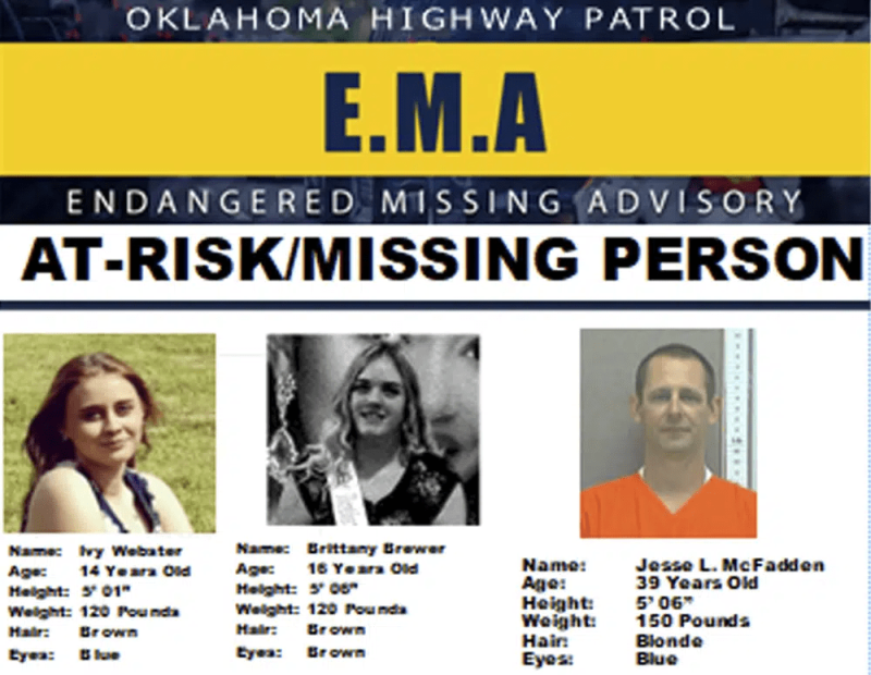 Este cartel perdido proporcionado por la Patrulla de Caminos de Oklahoma muestra a Ivy Webster, de 14 años, a la izquierda, Brittany Brewer, de 16 años, al centro, y Jesse McFadden, quienes fueron reportados como desaparecidos el lunes 1 de mayo de 2023.