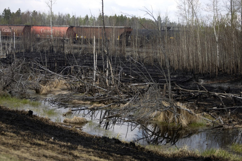 Un tren se detiene junto a un área quemada junto a la autopista 16 en el área del condado de Yellowhead, Alberta, Canadá, el 9 de mayo de 2023.