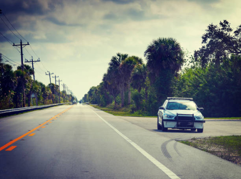 Coche del sheriff en los Everglades de Florida estacionado al borde de la carretera en un día nublado, EE.UU.