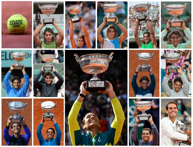 Esta combinación de fotografías de archivo creadas el 5 de junio de 2022 muestra al español Rafael Nadal sosteniendo el trofeo, la Copa Mousquetaires (Los Mosqueteros) tras sus 14 victorias en el Abierto de Francia de tenis en Roland Garros el 5 de junio de 2005; el 11 de junio de 2006; el 10 de junio de 2007; el 8 de junio de 2008; el 6 de junio de 2010; el 5 de junio de 2011; el 11 de junio de 2012; el 9 de junio de 2013; el 8 de junio de 2014; el 11 de junio de 2017; el 10 de junio de 2018; el 9 de junio de 2019; el 11 de octubre de 2020 y el 5 de junio de 2022