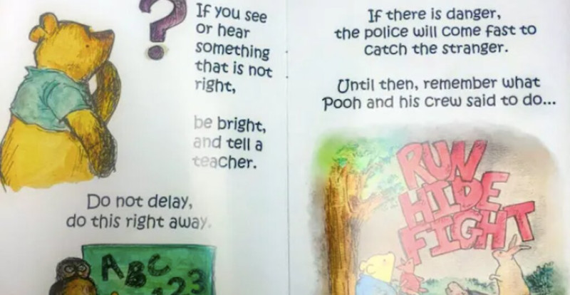 Un libro de texto con los dibujos animados orienta a los niños como cuidarse ante un tiroteo.