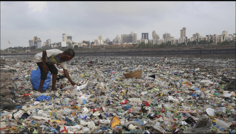 Un hombre recoge plástico y otros materiales reciclables de las orillas del mar Arábigo, repletas de bolsas de plástico y otros desperdicios, en Mumbai, India.