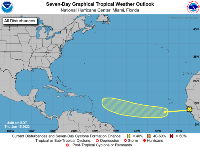 Pronóstico del clima tropical del entro Nacional de Huracanes de Miami, Florida, de este jueves 15 de junio de 2023, para el Atlántico Norte, Mar Caribe y el Golfo de México.