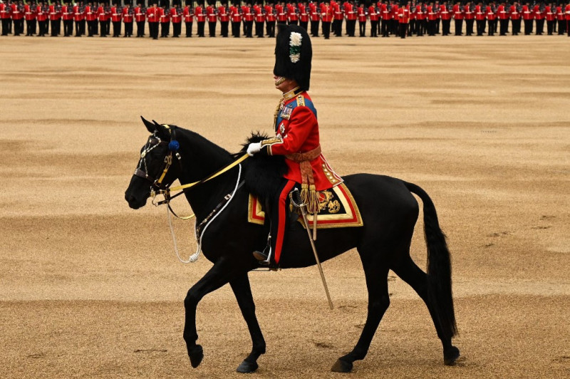 El rey Carlos III de Gran Bretaña asiste al desfile del cumpleaños del rey, "Trooping the Colour", en Horse Guards Parade, en Londres, el 17 de junio de 2023.
