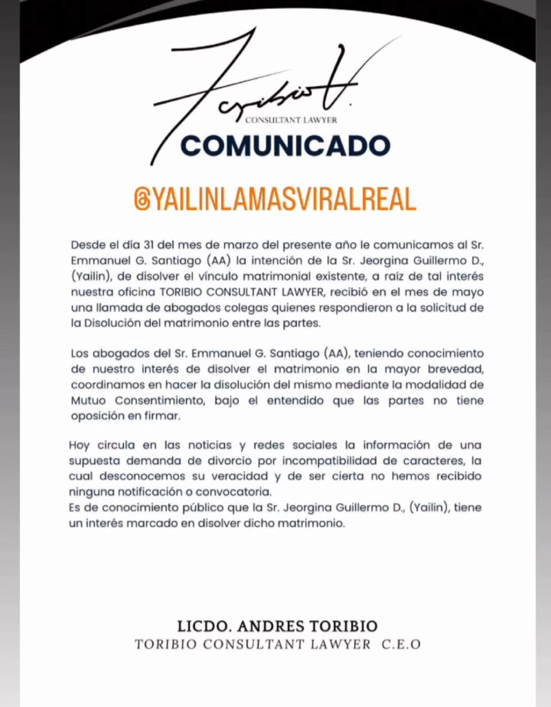 Comunicado de Toribio Consultant Lawyer