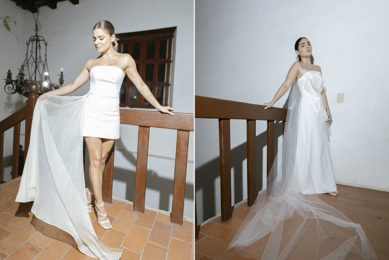 La creativa presentó diseños para novias con distintos gustos y estilos: un vestido completo de encaje, traje de dos piezas, vestido corto y largos.