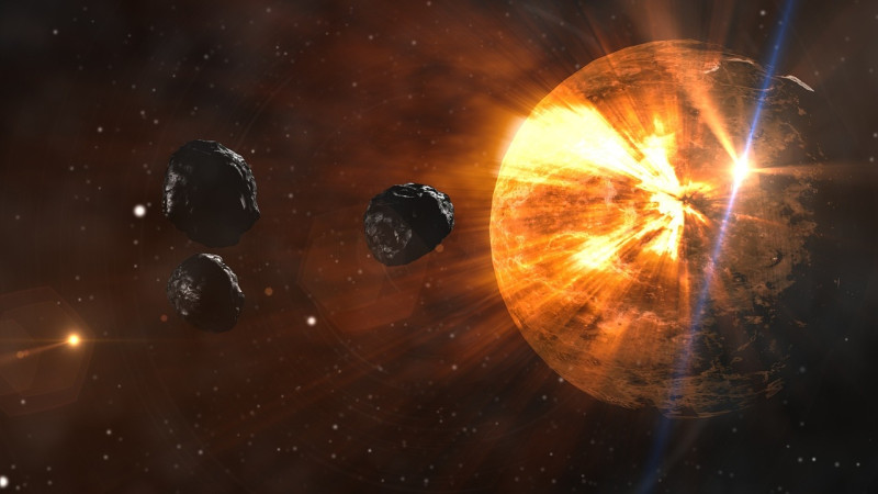 Foto ilustrativa del sol y asteroides.