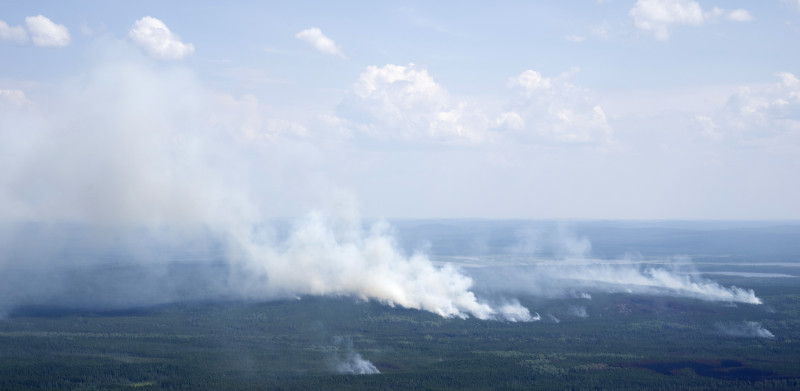 Se ven columnas de humo en el bosque junto con áreas quemadas cerca de Lebel-sur-Quevillon, Quebec, el miércoles 5 de julio de 2023.
