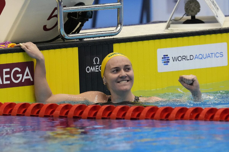 La australiana Ariarne Titmus tras ganar la prueba de los 400 metros libres en el  Campeonato Mundial de natación.
