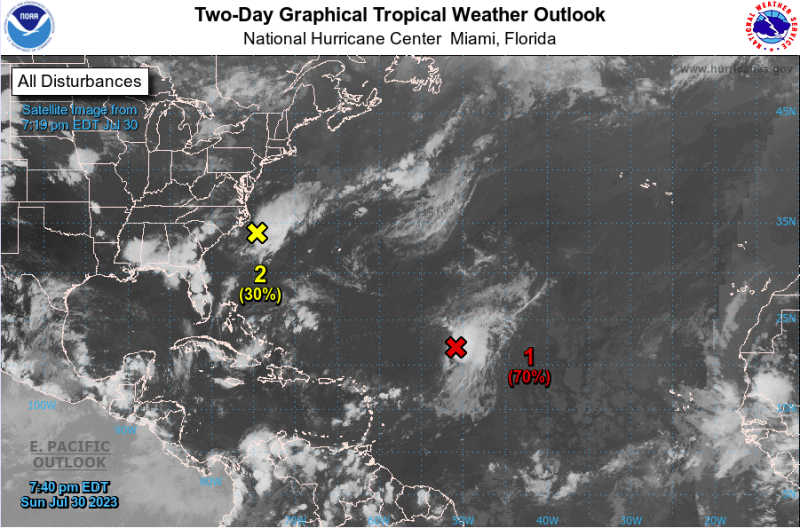 La "X" roja indica un 70 por ciento de probabilidad de formación de ciclones en las próximas 48 horas para el Atlántico Norte, el Mar Caribe y el Golfo de México.