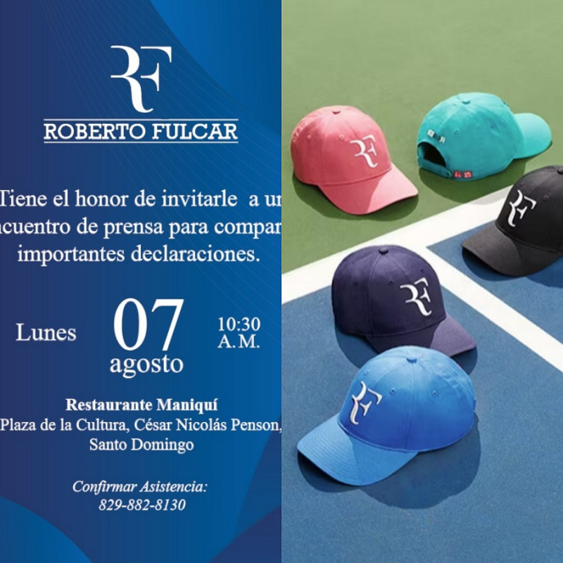 A la izquierda la invitación de Roberto Fulcar a los medios y a la derecha la linea de gorras del extenista suizo Roger Federer con el logo "RF", idéntico al comunicado.