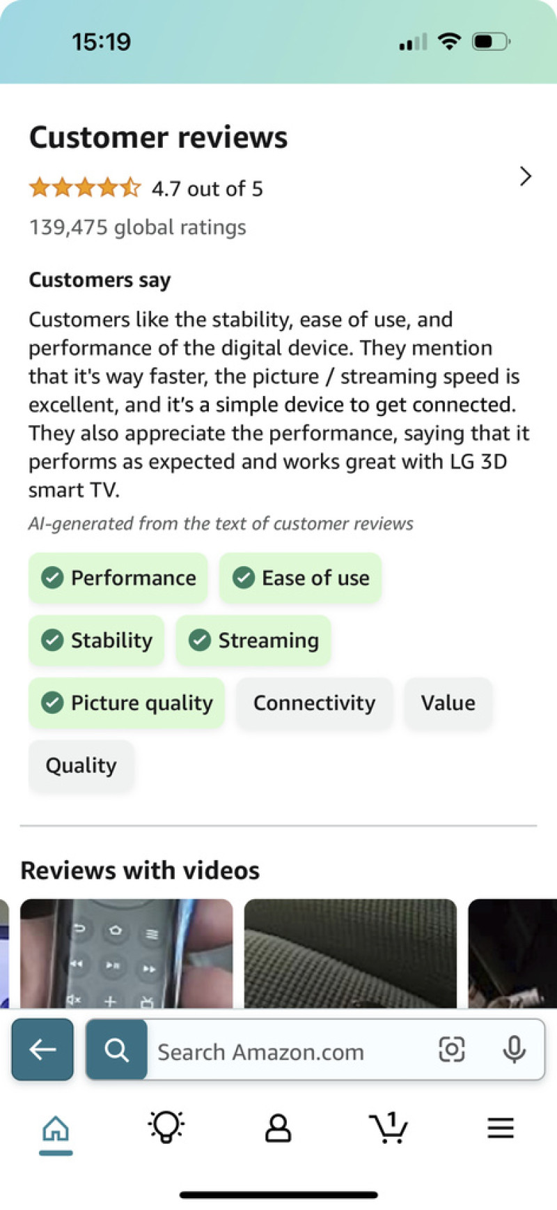 Esta imagen proporcionada por Amazon muestra la nueva función de revisión de productos de IA generativa