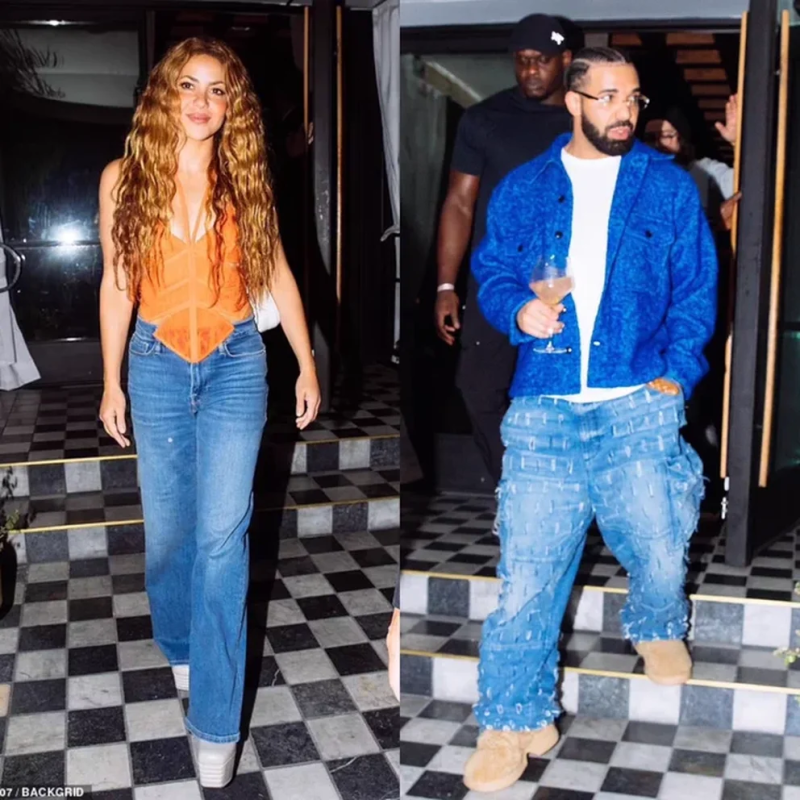 Collage de Shakira y Drake saliendo de una fiesta en Holllywood minutos después.