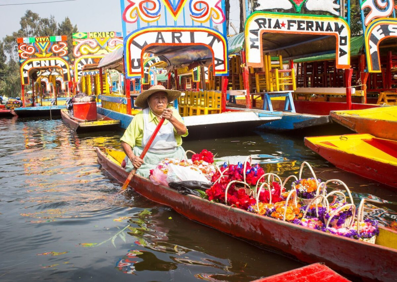 Las trajineras son embarcaciones de madera decoradas con colores brillantes y flores.