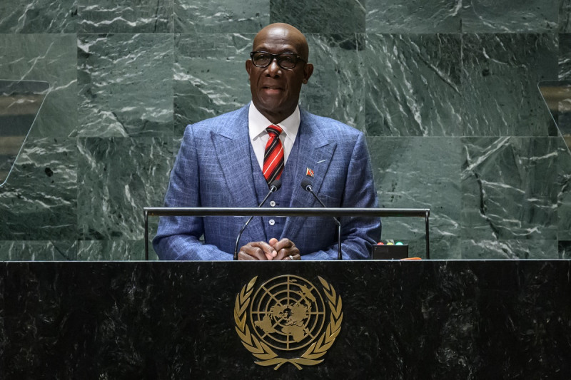 El primer ministro de Trinidad y Tobago, Keith Rowley, se dirige a la 78.ª Asamblea General de las Naciones Unidas en la sede de la ONU en la ciudad de Nueva York el 21 de septiembre de 2023.