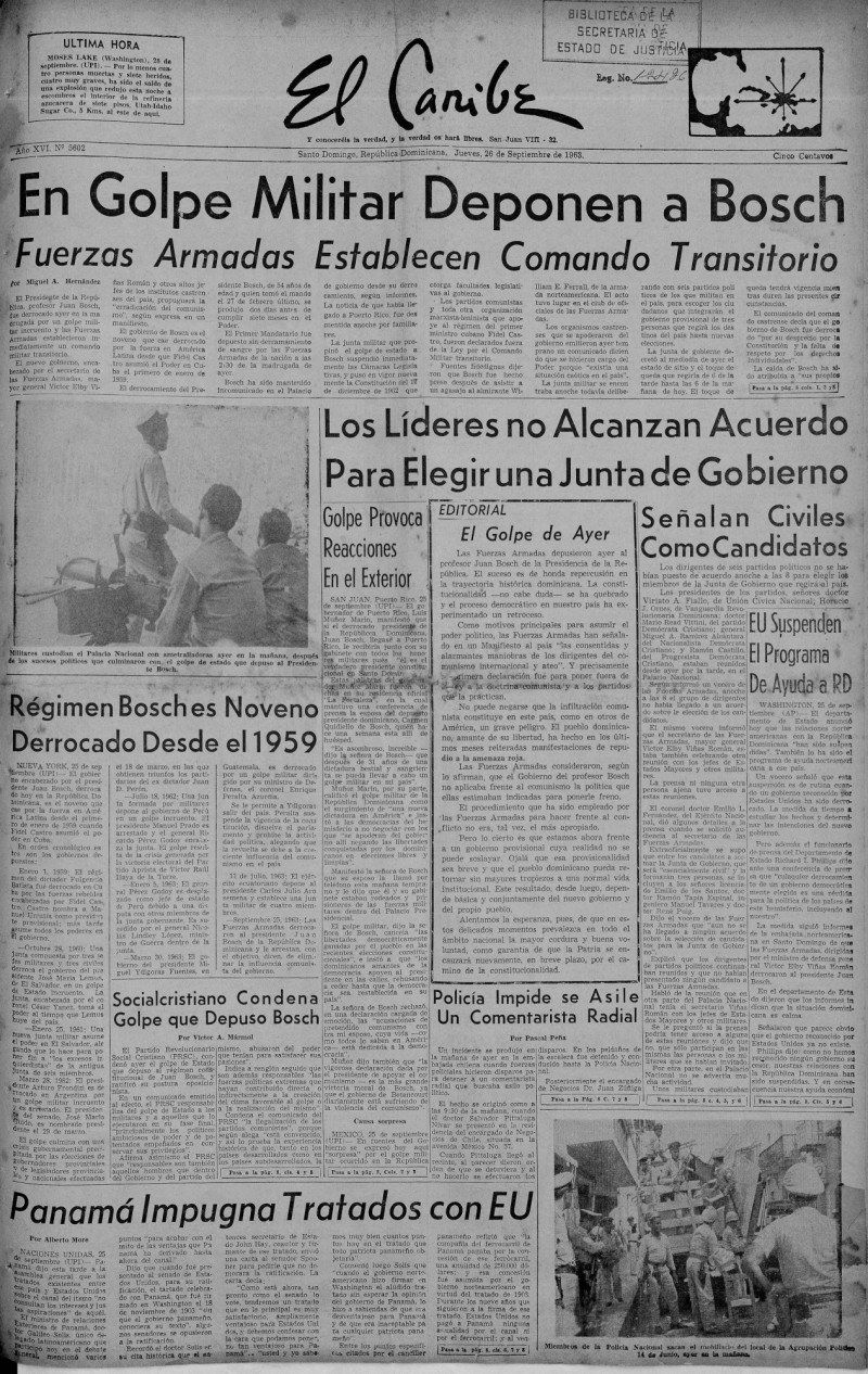 Portada del periódico "elCaribe" de fecha 26 de septiembre de 1963