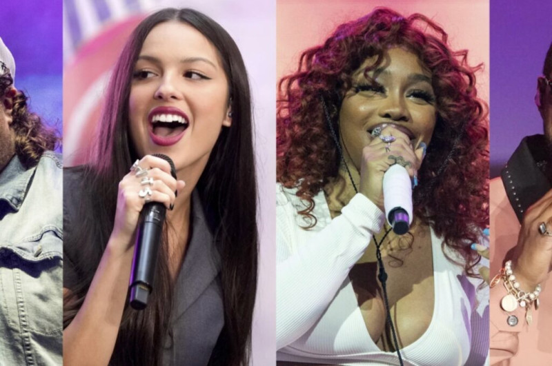 Esta combinación de imágenes muestra, desde la izquierda, Jelly Roll, Olivia Rodrigo, SZA y Usher, quienes actuarán en el Jingle Ball 2023 de iHeartRadio. (Foto AP)