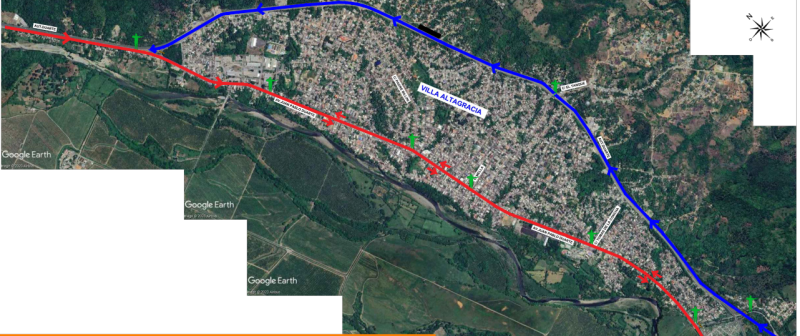 Imagen satelital del tramo de la Autopista Duarte, donde Obras Publica realizara trabajos de reparación. La línea azul indica la circulación normal, mientras que la roja el transito desviado.