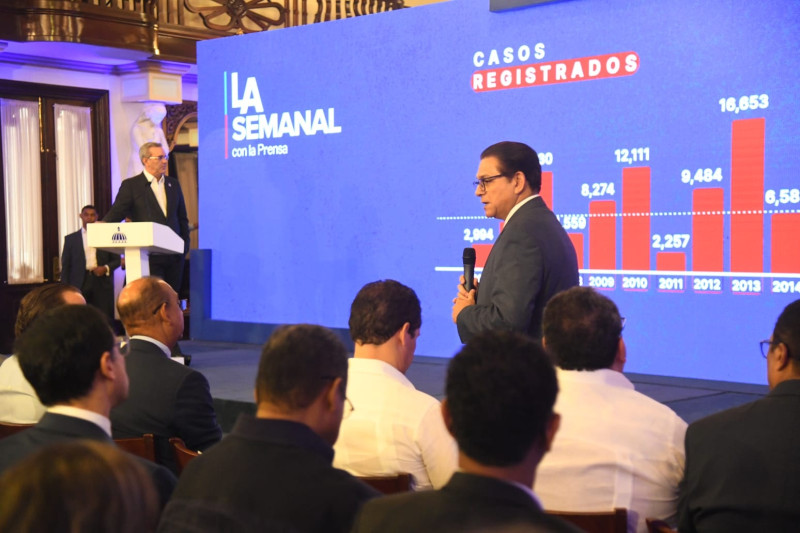 El presidente Luis Abinader observa datos en una pantalla mientras el ministro de Salud Pública, Daniel Rivera, ofrece detalles sobre casos de dengue en el país.