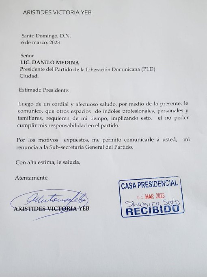 Carta de renuncia de Aristides Victoria Yeb del Partido de la Liberación Dominicana (PLD)