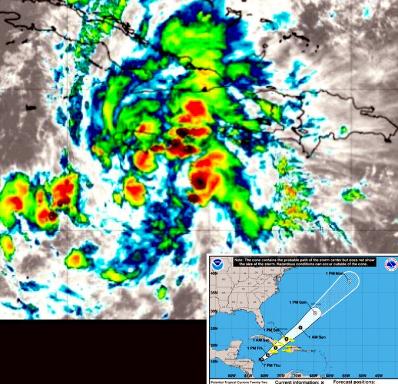 El potencial ciclón tropical, se ha ubicado a unos 415 kilómetros al oeste/suroeste de Kingston, Jamaica, con vientos máximos sostenidos de hasta 55 kph y se desplaza hacia el noreste a una velocidad de 17 kph.