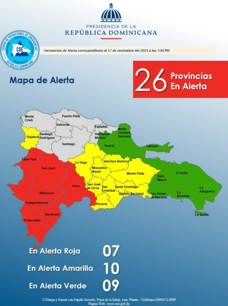 El mapa muestra las 26 provincias dominicanas puestas en estado de alerta roja, amarilla y verde, ante el potencial paso del fenómeno atmosférico sobre el país.