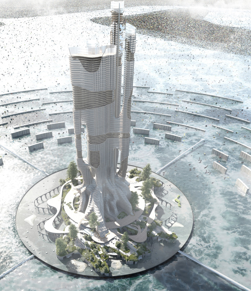 Proyecto Re-clamation, vista general de torre oceánica rodeada de barreras. Foto: eVolo Magazine