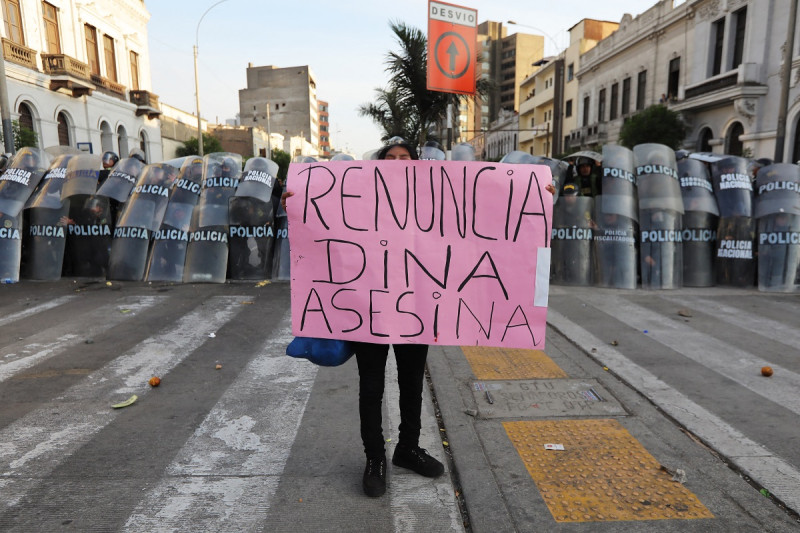 Una mujer sostiene un cartel que dice “La asesina Dina renuncia” durante una manifestación.