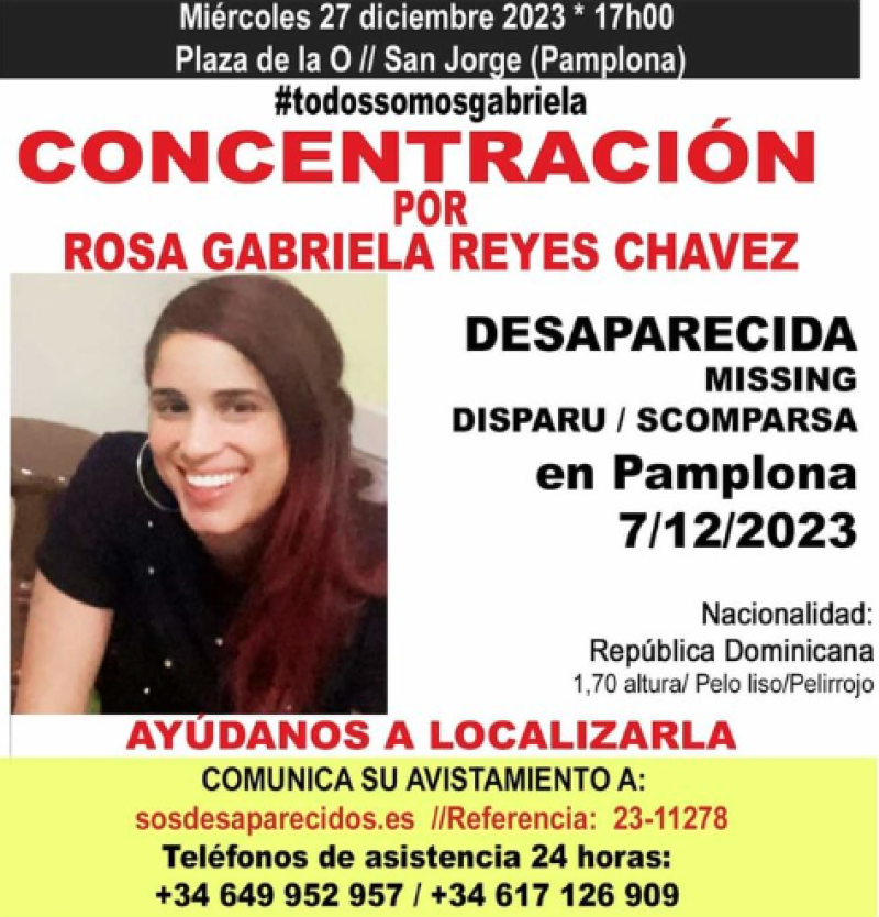 Cartel de convocatoria realizado por la familia de la dominicana Rosa Gabriela Reyes Chavez, desaparecida en Pampopla, Navarra, España.