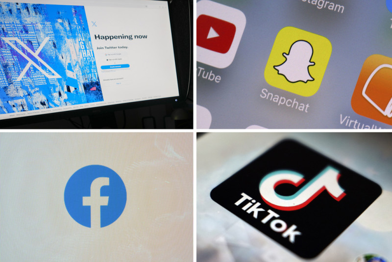 Esta combinación de imágenes muestra los logotipos de X, Snapchat, Facebook y TikTok