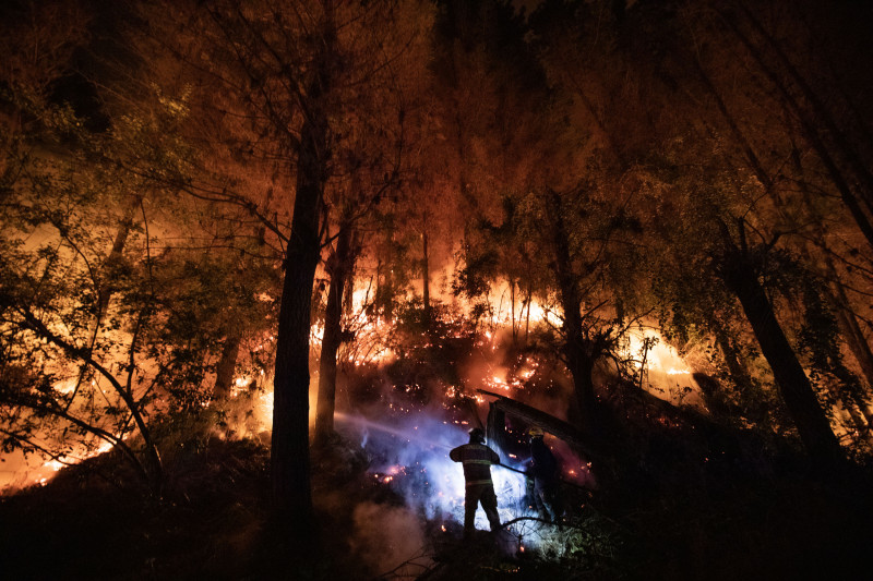 Bomberos combate incendio forestal en la ruta de la madaera comuna de Santa Juana . Fotografía Felipe Ignacio Gonzalez El Mercurio 09 de Febrero2023