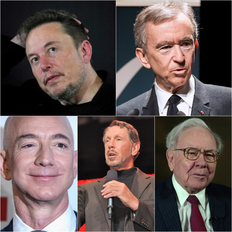 Elon Musk (X, antiguo Twitter), Bernard Arnault (y su familia/empresario francés del sector de artículos de lujo), Jeff Bezos (Amazon), Larry Ellison (del sector del software) y Warren Buffet (inversor americano).
