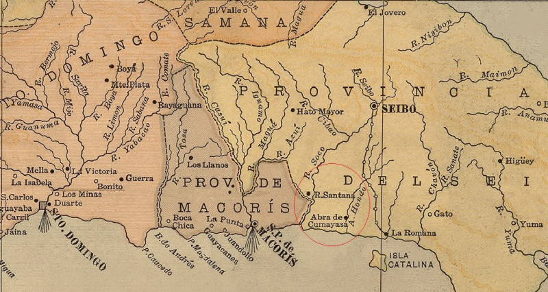 Fragmento del mapa de la división de República Dominicana para 1910. Ramón Santana  pertenecía entonces a la provincia El Seibo.