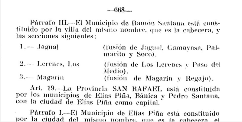 Fragmento de la Ley No. Ley 5220 sobre división territorial. Formación de la sección Jagual del municipio Ramón Santana.