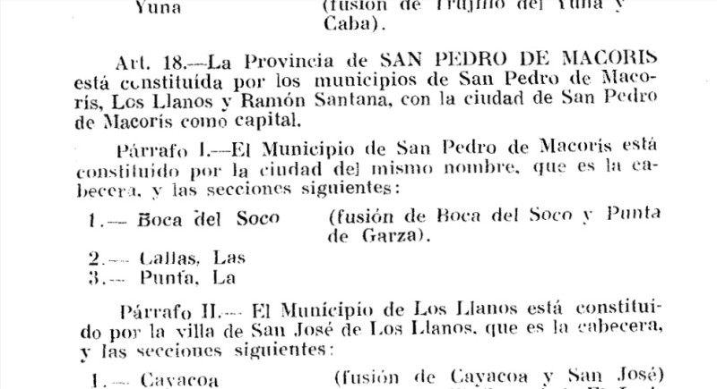 Fragmento de la Ley No. 5220 que incluye a Boca de Soco como parte del municipio cabecera de San Pedro de Macorís.