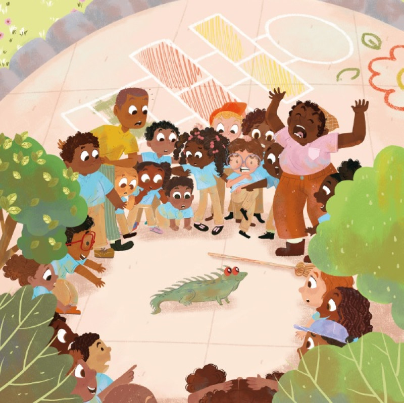 Ilustracion de Nathalia Rivera para la historia "Iguana Ricordi en el patio de una escuela", elaborado por los estudiantes de primer grado de la escuela primaria Profesora Paula Antonia Mercedes, de Santo Domingo Norte.