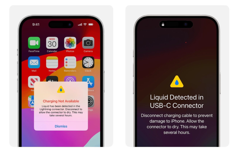 Notificación de alerta cuando se identifica líquido en el iPhone.
