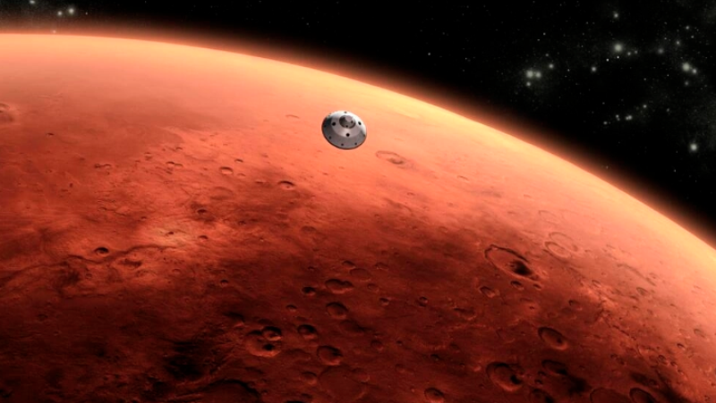 Impresión artística de la aproximación a Marte de una nave espacial terrestre.